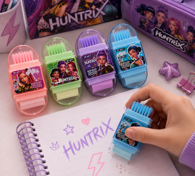 24 Huntrix Gomas Sacapuntas y Compartimentos para Basura $5.25 c/u