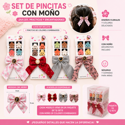 12 Sets Moño y Pincitas Flores/Corazón/Pedreria $15 c/u