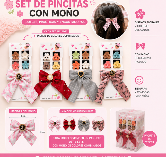 12 Sets Moño y Pincitas Flores/Corazón/Pedreria $15 c/u