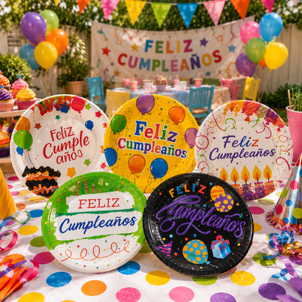 6 Sets de Platos "Feliz Cumpleaños" para Fiesta Decorados Grandes $29 c/u