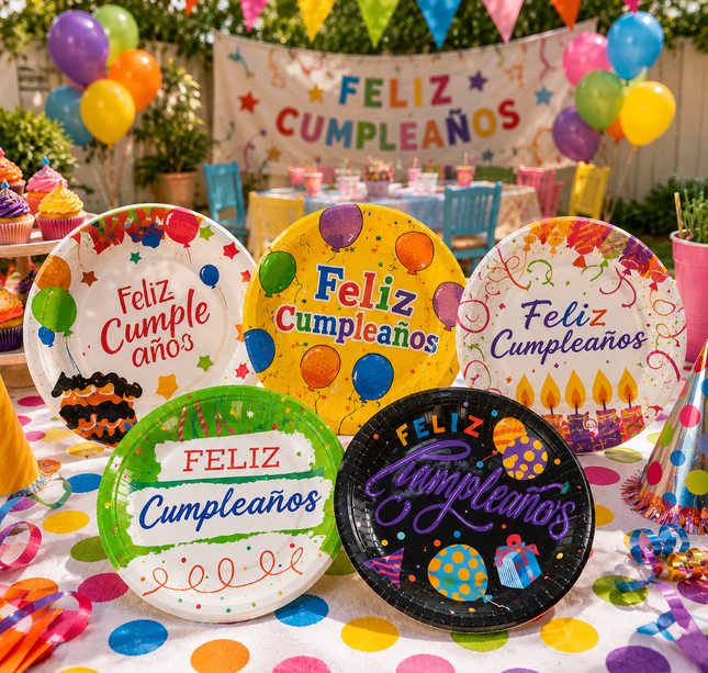 6 Sets de Platos "Feliz Cumpleaños" para Fiesta Decorados Grandes $29 c/u