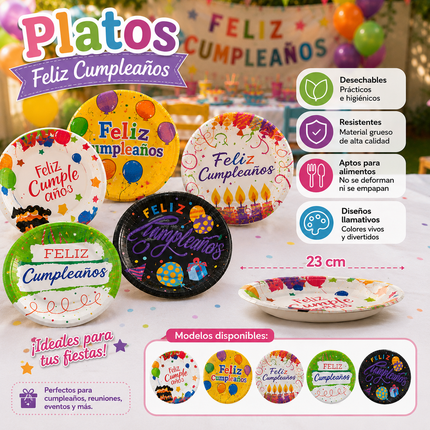 6 Sets de Platos "Feliz Cumpleaños" para Fiesta Decorados Grandes $29 c/u