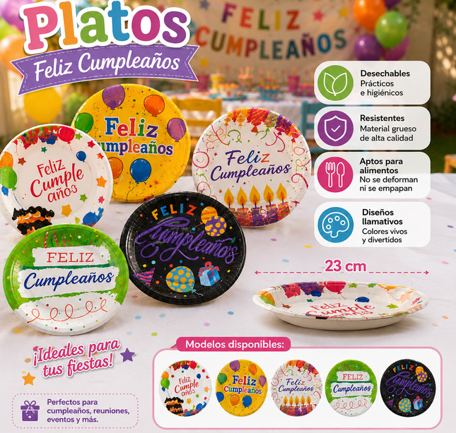 6 Sets de Platos "Feliz Cumpleaños" para Fiesta Decorados Grandes $29 c/u