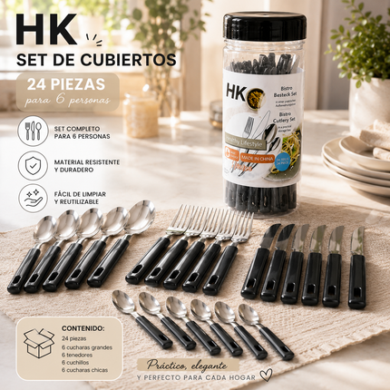 Exclusivo Tienda en linea 💥💎Bote con 24 piezas de Cubiertos Cuchara, Cuchillo, Tenedor y Cuchara Cafetera