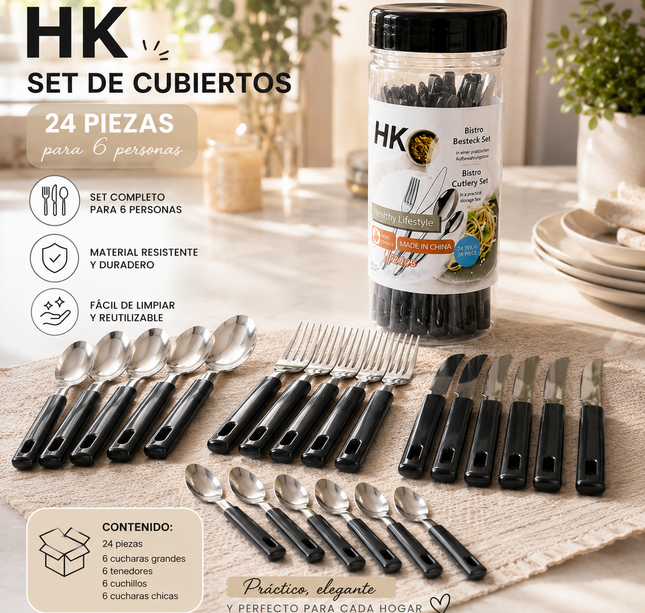 Exclusivo Tienda en linea 💥💎Bote con 24 piezas de Cubiertos Cuchara, Cuchillo, Tenedor y Cuchara Cafetera