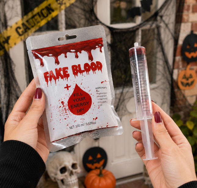3 Sangre Falsa en Bolsa con Jeringaa Artificial $26 c/u