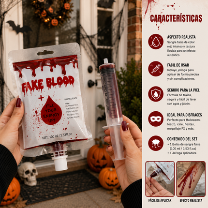 3 Sangre Falsa en Bolsa con Jeringaa Artificial $26 c/u