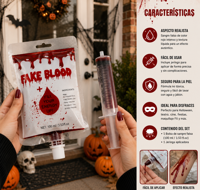 3 Sangre Falsa en Bolsa con Jeringaa Artificial $26 c/u