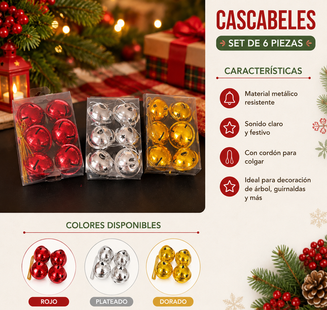 Exclusivo Tienda en linea 💥💎3 Set de 6 Cascabeles Navideños con Cinta $35 c/u
