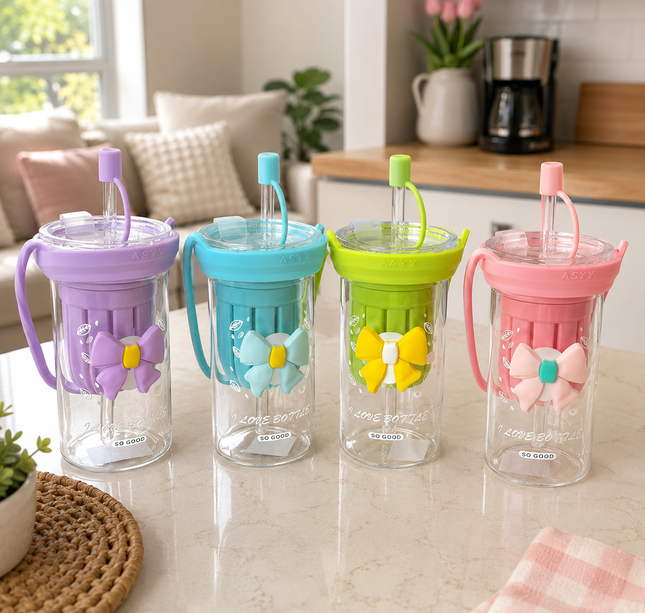 Exclusivo Tienda en linea 💥💎Vaso de Critsal Coquette con Popote Canastilla y Agarradera Inluida