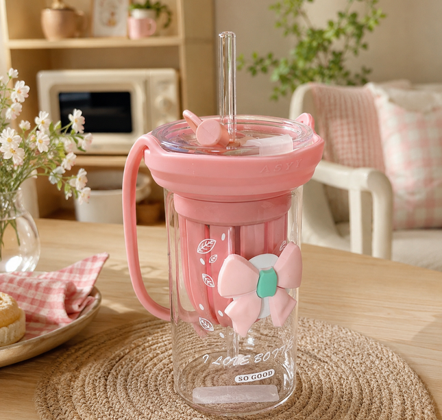 Exclusivo Tienda en linea 💥💎Vaso de Critsal Coquette con Popote Canastilla y Agarradera Inluida