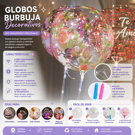 10 Globo Burbuja Decorado con Base luz y Popote $25 c/u