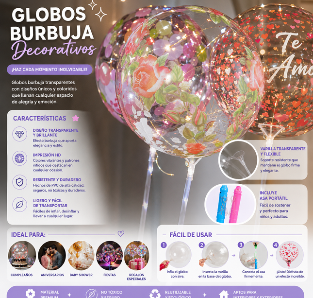 10 Globo Burbuja Decorado con Base luz y Popote $25 c/u