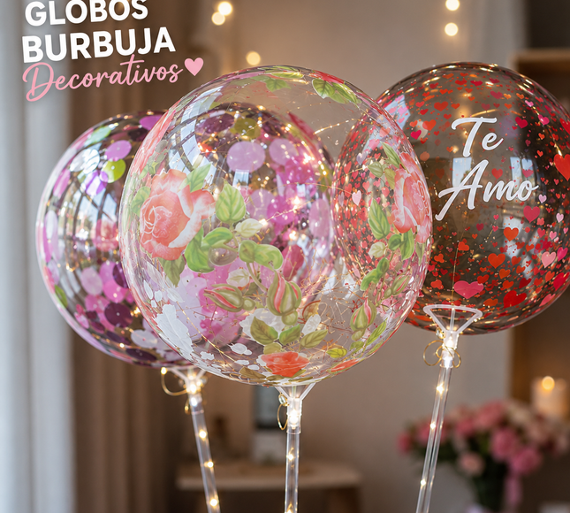 10 Globo Burbuja Decorado con Base luz y Popote $25 c/u
