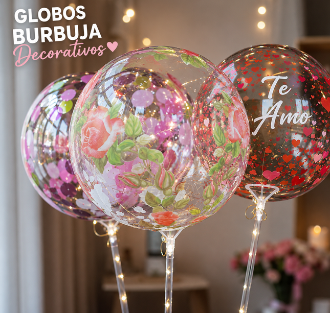 10 Globo Burbuja Decorado con Base luz y Popote $25 c/u