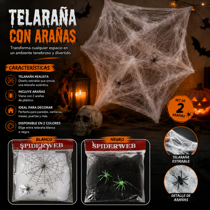 12 Sets Halloween de Decoración con Telaraña y Arañas $7.5 c/u