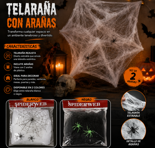 12 Sets Halloween de Decoración con Telaraña y Arañas $7.5 c/u