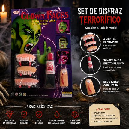 6 Sets Vampiro Colmillos y Dedos Brillan en la Obscuridad  Halloween $33 C/U