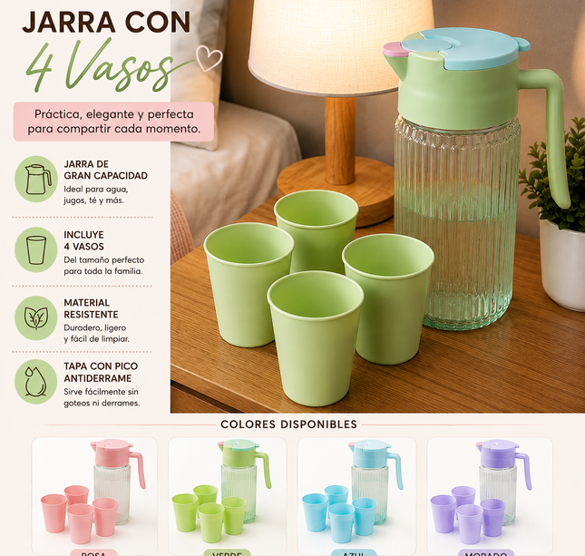 Exclusivo Tienda en linea 💥💎Jarra con 4 Vasos de Colores hermosos