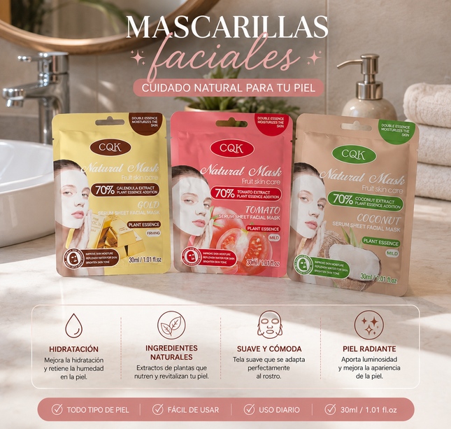 Exclusivo Tienda en linea 💥💎10 Mascarillas Faciales Coco/Jitomate/Oro $4 c/u