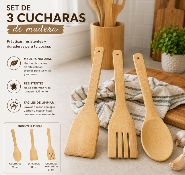 Exclusivo Tienda en linea 💥💎3 Sets de 3 Cucharas de Madera $20 c/u