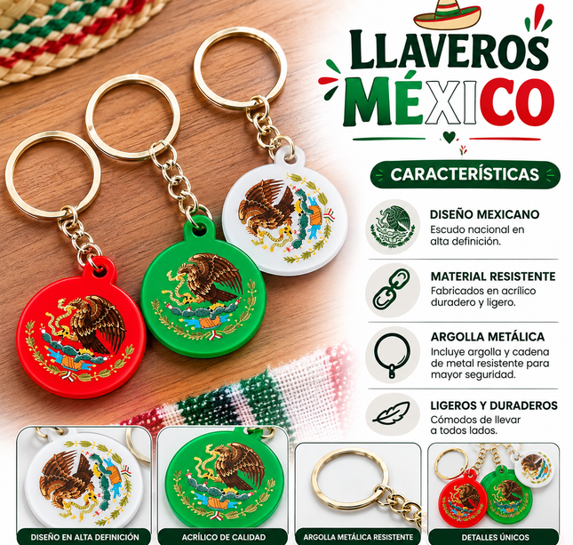12 Llaveros Escudo Mexicano Circular $3.8 c/u