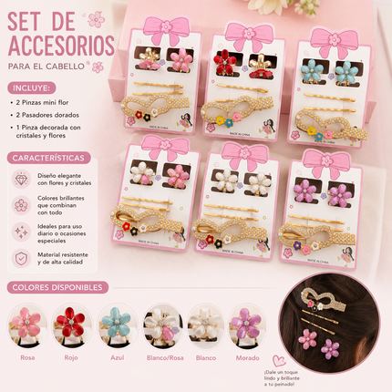 12 Sets de Accesorios, Flores pincitas Hermosas y pasadores Dorados Pedreria $13.9 c/u