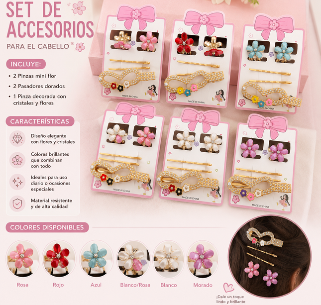 12 Sets de Accesorios, Flores pincitas Hermosas y pasadores Dorados Pedreria $13.9 c/u