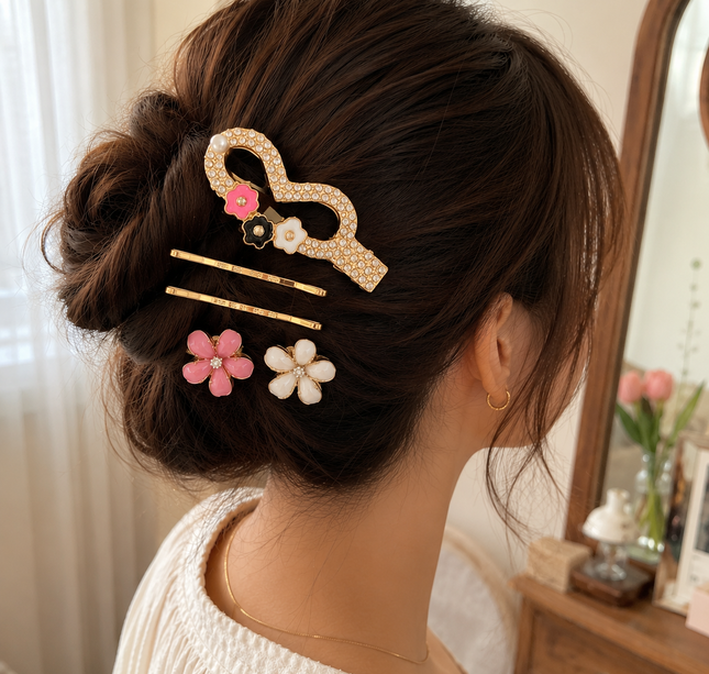 12 Sets de Accesorios, Flores pincitas Hermosas y pasadores Dorados Pedreria $13.9 c/u