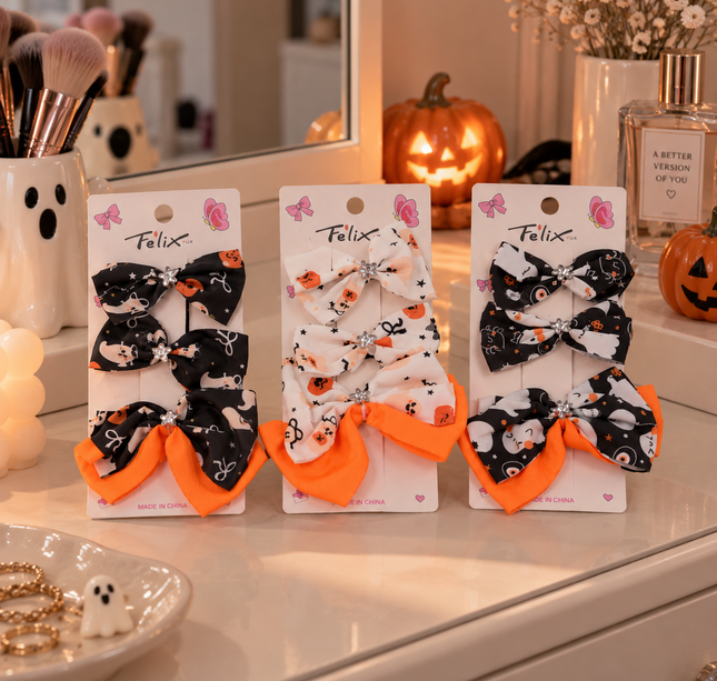 12 Sets Moños Halloween, Uno grande y dos Pequeños $9.9 c/u