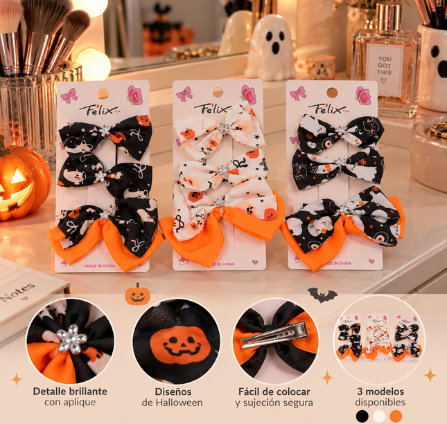 12 Sets Moños Halloween, Uno grande y dos Pequeños $9.9 c/u