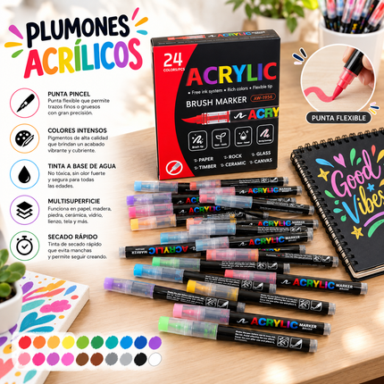 Exclusivo Tienda en linea 💥💎Caja de 24 Plumones Acrilicos Punta Flexible