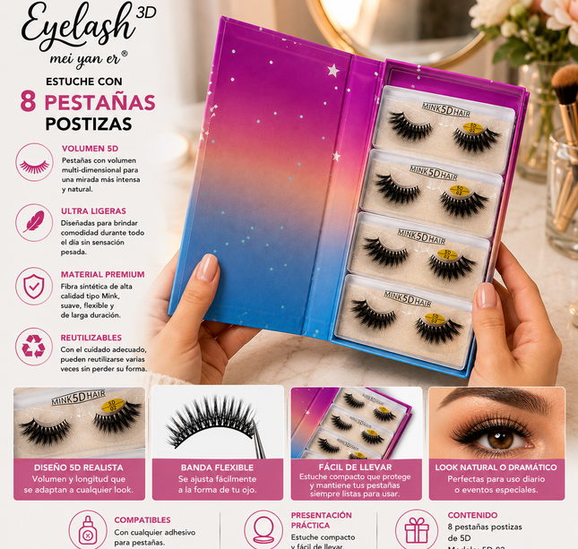 Exclusivo Tienda en linea 💥💎8 Pares de Pestañas, Caja Unicornio $15 c/u