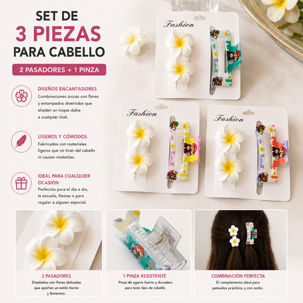 Exclusivo Tienda en linea 💥💎6 Sets de Accesorios, 2 Pasadores Flores y Pinza $22.5 c/u