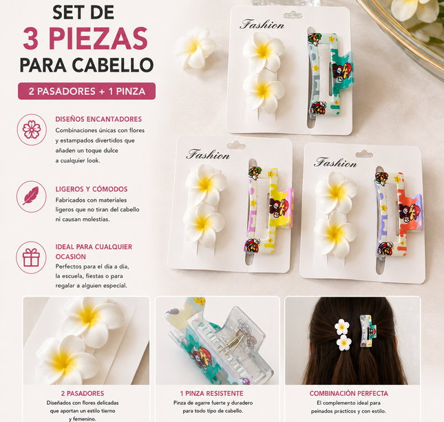 Exclusivo Tienda en linea 💥💎6 Sets de Accesorios, 2 Pasadores Flores y Pinza $22.5 c/u
