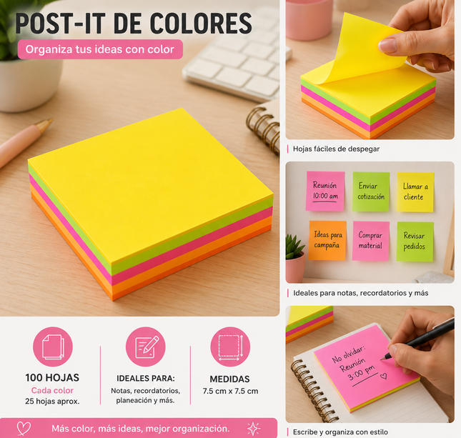 Exclusivo Tienda en linea 💥💎12 Post Its Calsicos Neón $8.5 c/u