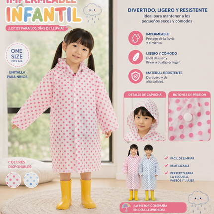 6 Impermeable "EVA" Puntos de Colores con Gorro Infantil $34 c/u