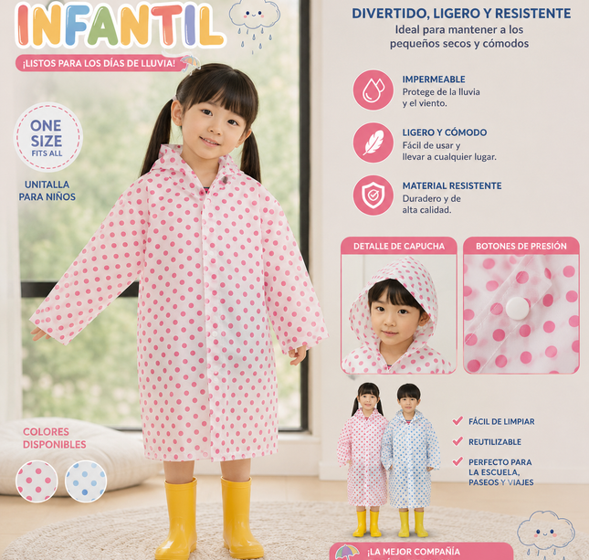 6 Impermeable "EVA" Puntos de Colores con Gorro Infantil $34 c/u