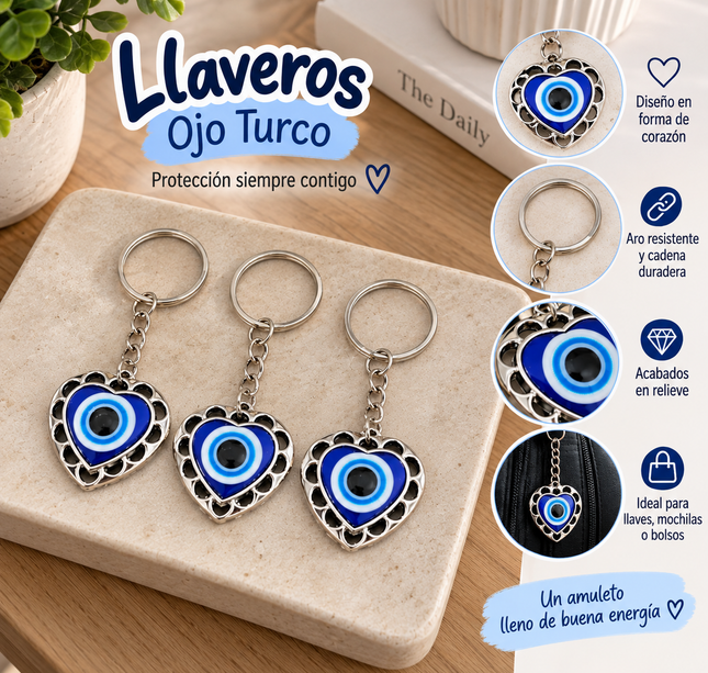 12 Llaveros Ojos Turcos Corazón $7 c/u