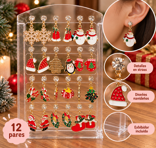 12 Aretes Colgantes con Pedreria Navidad $6.9 c/u