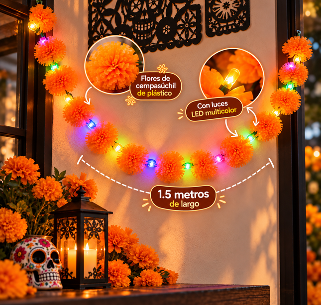 Guia de Flor de Cempasuchil Plastico 1.5metros Con Luces