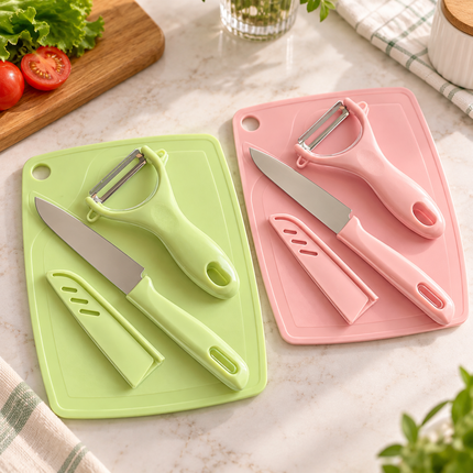 3 Kit de Cocina, Tabla Cuchillo y Pelador $29 c/u