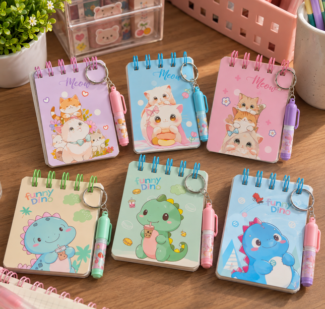 6 Libretitas Dinosaurios/Gatitos con Lapicero de Llavero $17.5 c/u
