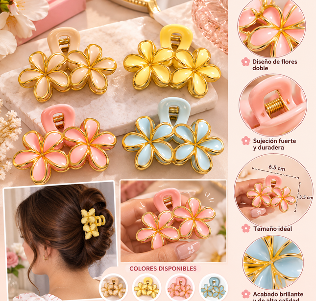 12 Pinzas para Cabello Flores Mágicas Orilla Dorada $7.5 c/u