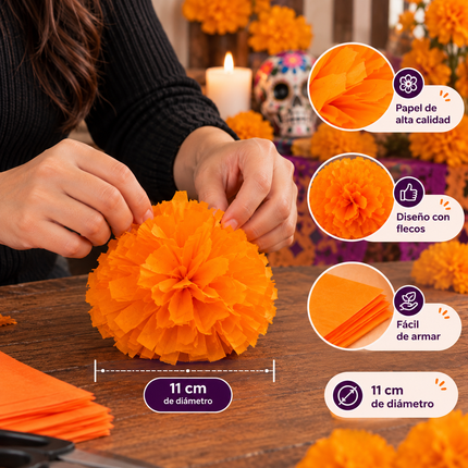 10 Mini Flor de Cempasúchil de Papel Naranja 11cm de Diametro $3.9 c/u