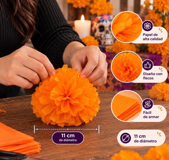 10 Mini Flor de Cempasúchil de Papel Naranja 11cm de Diametro $3.9 c/u