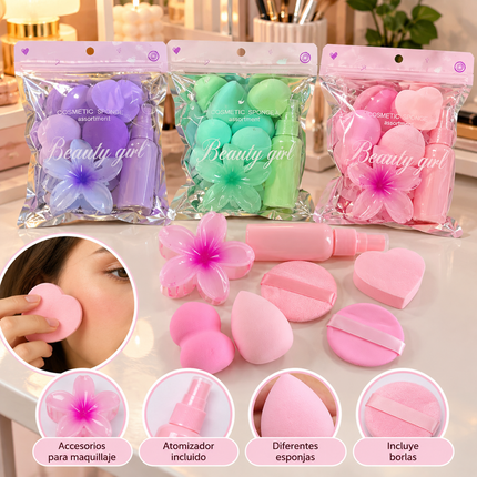 3 Sets para Maquillaje Esponjas, Spray y Pinza $36 c/u