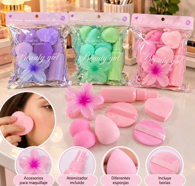 3 Sets para Maquillaje Esponjas, Spray y Pinza $36 c/u