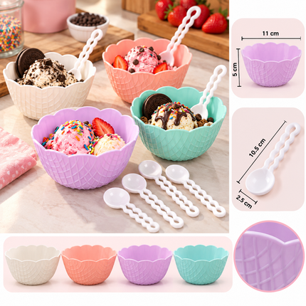 Exclusivo Tienda en linea 💥💎3 Set de 4 Platitos tipo cono para helado de Plastico con Cucharitas $29 c/u
