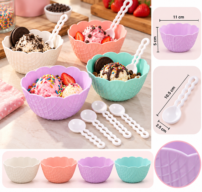 Exclusivo Tienda en linea 💥💎3 Set de 4 Platitos tipo cono para helado de Plastico con Cucharitas $29 c/u